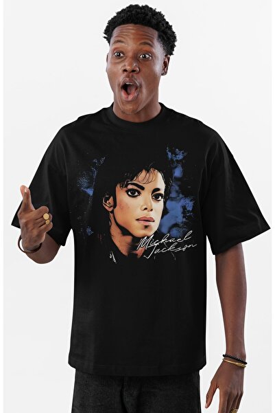 Fuddy Moda Tricou negru unisex cu imprimeu Michael Jackson, tricou oversize cu tematică muzicală cu gât crew