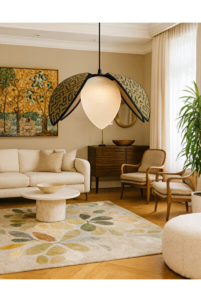 Natiorj Yaprak Model Koyu Yeşil Kadife Kumaş Bej Kumaş Detaylı Sarkıt Avize Salon Yatak Odası Lüks Şık