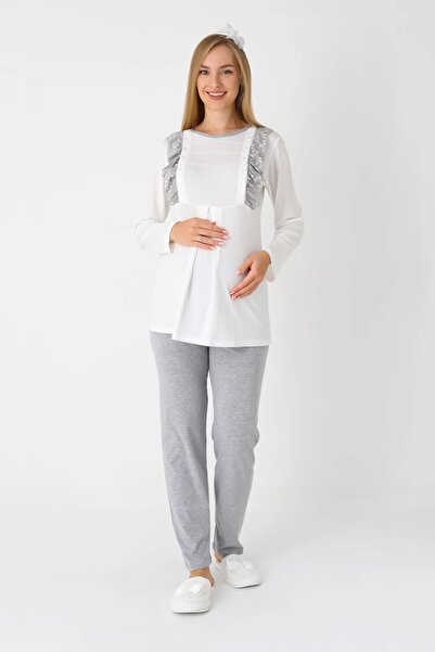 BLACKMORE Women's Gray Shawl Collar Lace Polka Dot Patterned Winter Full Length Dressing Gown Pajamas 3-Piece Set