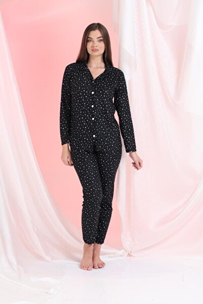 aytenli Polo Neck Front Buttoned Lightweight Flowy Top Elastic Waist Sized Patterned Thin Suede Pajama Set