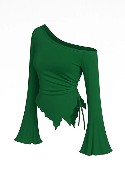babatr.com Women's Green Long Spanish Sleeve Asymmetrical Neckline Side Tie Draped Blouse