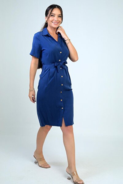 By Saygı Rochie scurtă din lyocell căptușită, cu nasturi în față, cu buzunare și cu legături în față pentru femei