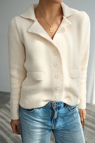 Lupies Women's Beige Double-Breasted Buttoned Knit Cardigan