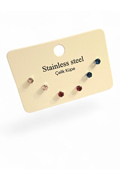AKSESUARIM 6 Pieces Square Colorful Zircon Single Stone Steel Earrings