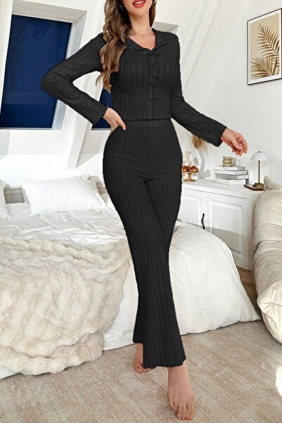 BELLA NOTTE Siyah Yumuşak Pamuklu Fiyonk Detaylı Uzun Pijama Takımı