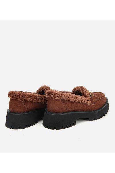 Hotiç Kadın Süet Kahverengi Kürklü Tokalı Kalın Tabanlı Günlük Loafer