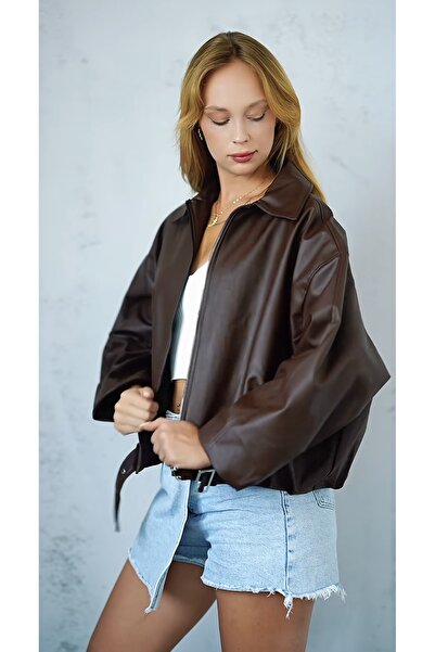 BELİZMOD New Season Oversized Belted Bomber Leather Jacket