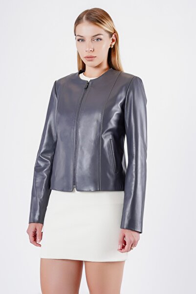 Leather Club Metalik Gri Hakiki Deri Ceket