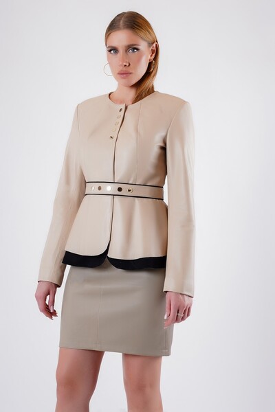 Leather Club Krem Kemer Detaylı Hakiki Deri Ceket