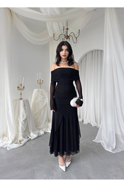 ETİKAFASHION Madonna Yaka Tül Kadın Elbise