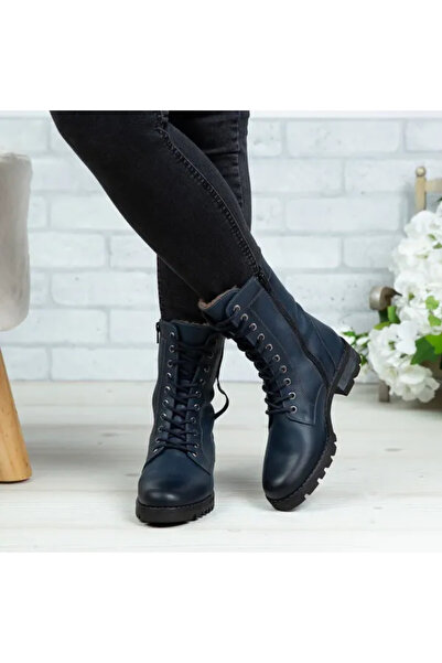 Piello Ghete îmblănite damă, din piele naturală, cu șiret, Bleumarin