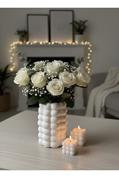 VARKAL 1 Bubble Pinterest Konsept Vazo, 2'Li Bubble Beyaz Mum Dekoratif Bubbl...