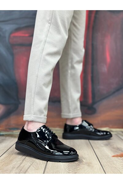 turkuaze BA0003 حذاء رجالي كاجوال برباط كلاسيكي أسود ونعل أسود من الجلد اللامع