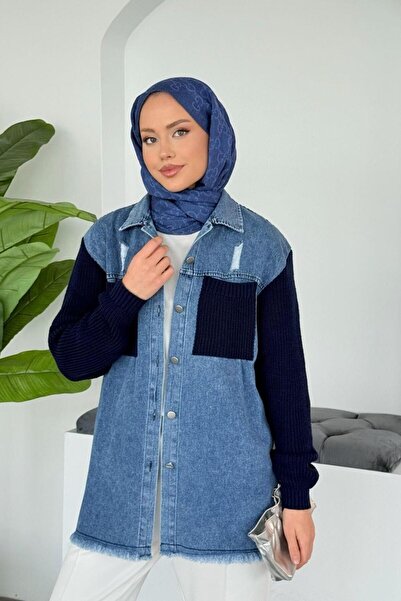 Şulemoda Giyim سترة فرانجا كيب تريكو من قماش الدنيم باللون الأزرق الداكن