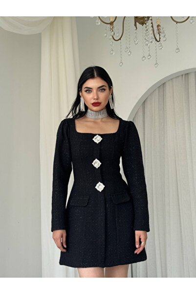 ETİKAFASHION Taş Düğme Detaylı Tüvit Kumaş Ceket Elbise