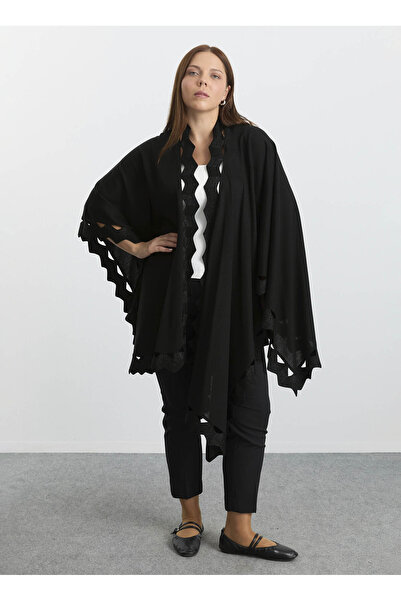 Selen Siyah Kadın V Standart Simli Panço 25KSL4168