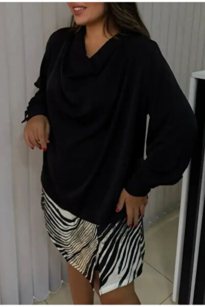 FOR ESRA BIG TREND Γυναικεία μπλούζα με μακρύ μανίκι από σατέν με κούφιο κουμπί στην πλάτη και γιακά μεγάλου μεγέθους