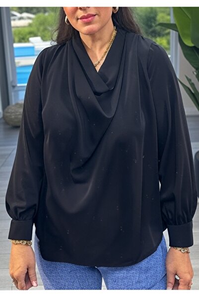 FOR ESRA BIG TREND Γυναικεία μπλούζα με μακρύ μανίκι από σατέν με κούφιο κουμπί στην πλάτη και γιακά μεγάλου μεγέθους