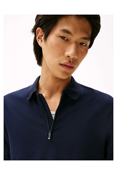 Tommy Hilfiger Erkek Normal Kalıp %100 Pamuklu Uzun Kollu Yarım Fermuarlı Lacivert Polo Yaka T-Shirt MW0MW44244-DW5