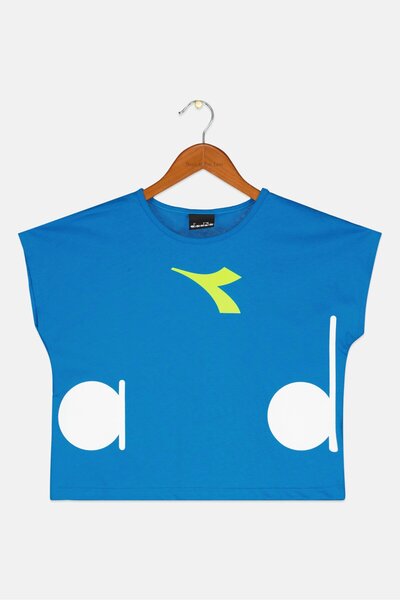 Diadora بلوزة مطبوعة جرافيكية بأكمام قصيرة للبنات الصغار، لون أزرق