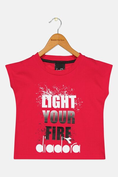 Diadora تي شيرتات مطبوع بأكمام قصيرة ورقبة دائرية للبنات الصغار، مجموعة وردية