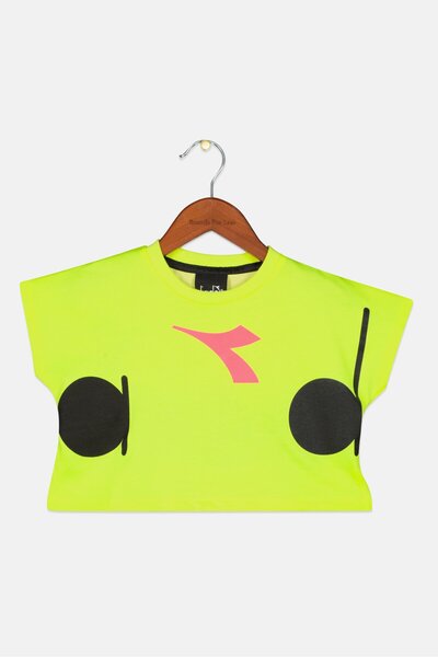 Diadora Kids Girl Crew Neck Cap Sleeve Brand Logo Crop Top, Neon Yellow