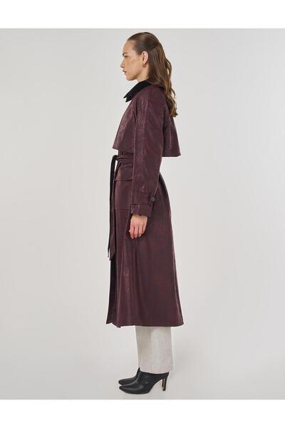 Kayra Kadife Yakalı Uzun Trençkot Koyu Bordo