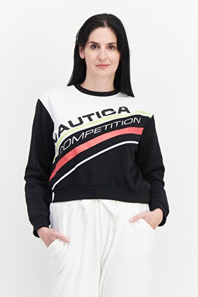 Nautica Women Crew Neck Graphic Print Long Sleeve Sweatshirt, Black Combo