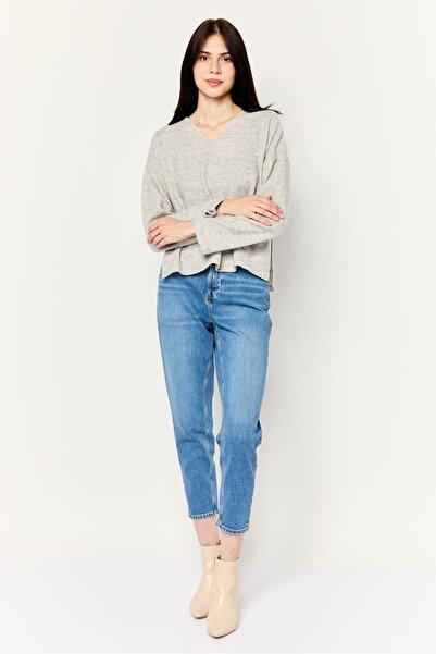 PIECES Women Oversized Fit V-Neck Heather Long Sleeve T-Shirts, Light Grey