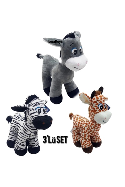 berattoys 3'lü set peluş eşek zebra zürafa 28 cm peluş oyuncak hayvan figürle...