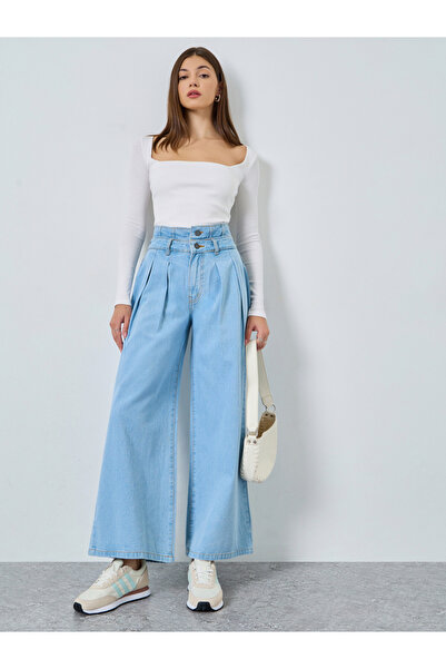Styli بنطلون جينز نسائي واسع أرجل واسعة وحزام خصر مزدوج