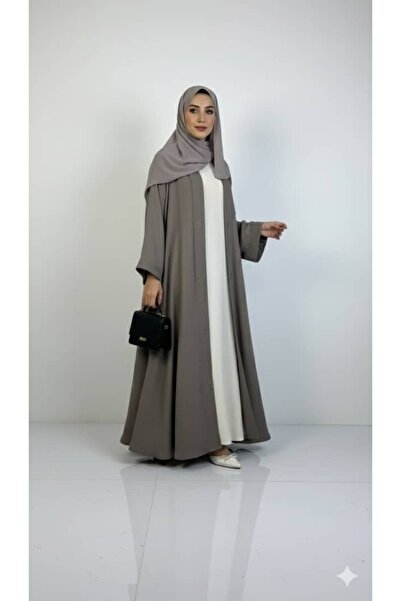 REİNA Beige Korean crepe cloche abaya with an open cut and light embroidery on the sleeves