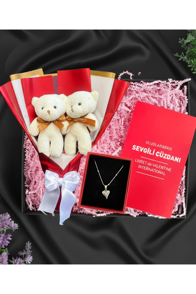 Linalux Gifts Sevgiliye Hediye Kutusu - Mini Ayıcık Buketi - Çelik Kalp Kolye ve Sevgili Cüzdanı - Sevgiliye Ozel