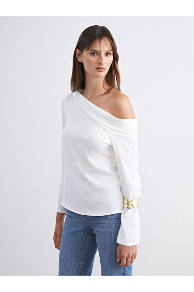 LC Waikiki Soulife white boat neck satin blouse