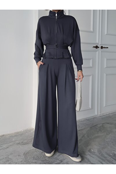 Paw Garage Set de pantaloni și jachetă plisată cu fermoar din modal cu textura moale Zenya pentru femei