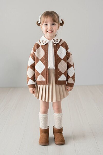 Minigimin Cicileri Rabbit Collar Detailed Knitwear Girls' 3-Piece Set - Brown
