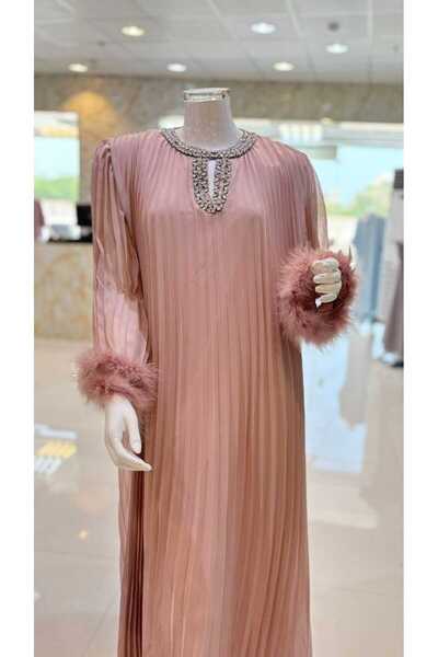 ALBAZAR Rose pleated jalabiya with crystal details and luxurious feathers