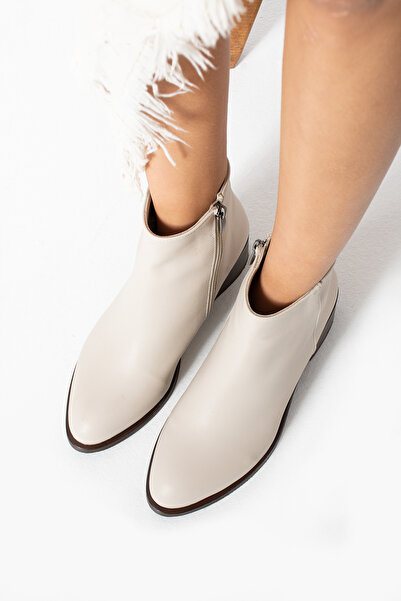 ELİSHA BUTİK Danica Ekru Renkli Bilek Üstü Kısa Kalın Topuklu Bot