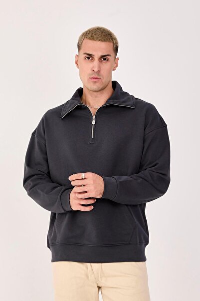 Store 100% Cotton Men's Oversized Half-Zip Sweatshirt - Comfortable Fit Kangaroo Pocket