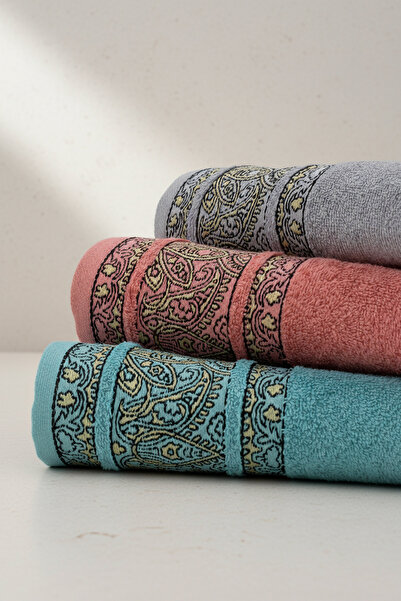 Class 3’lü 50x100 cm %100 Pamuklu El ve Yüz Havlu Seti - Ornament Desenli Mint / Gri / Pembe