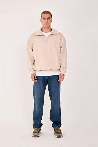 Store 100% Cotton Men's Oversized Half-Zip Sweatshirt - Comfortable Fit Kangaroo Pocket