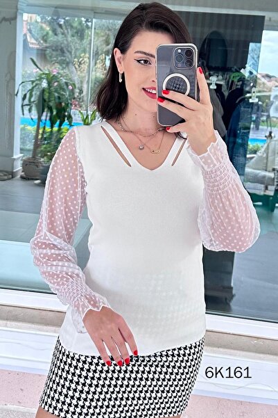 İnce Topuk V Yaka Tül Detay Triko Bluz 6k161