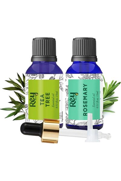 rey naturals زيوت عطرية من شجرة الشاي وإكليل الجبل، طبيعية 100% (15 مل + 15 مل)