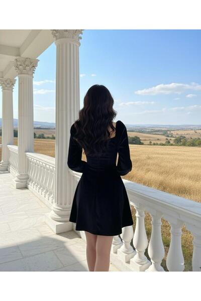 Modafeminen Kadife Kumaş Göğüs Dekolteli Uzun Kollu Mini Elbise Abiye Elbise 581921 SİYAH