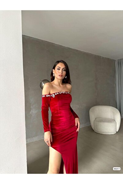 Modafeminen Stretch Fabric Strapless Neckline Stone Embellished Slit Evening Dress 582317 Red
