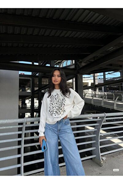 Modafeminen Țesătură elastică cu trei fire, cu decolteu în formă de O, cu detaliu de imprimare în față, 583045 ALB