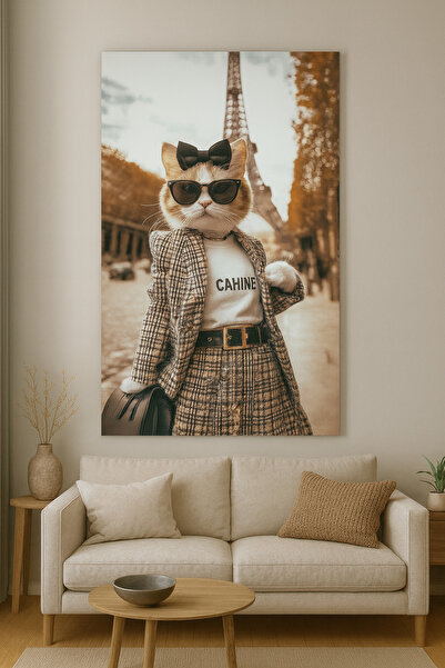BLT DİZAYN Pictură pe sticlă cu pisică de modă din Paris – Design artistic cu ochelari eleganti și costum