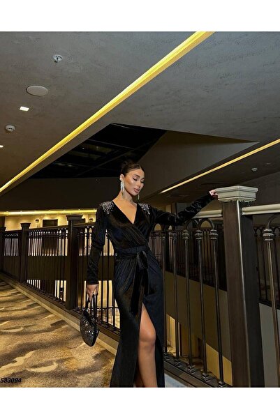 Modafeminen Ελαστικό βελούδινο ύφασμα διπλό πέτο με λαιμόκοψη με πέτρα στον ώμο Λεπτομερές βραδινό φόρεμα 583094 ΜΑΥΡΟ