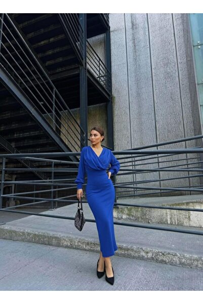 Modafeminen Kruvaze Yaka Uzun Kol Simli Midi Elbise 583167 SAKS