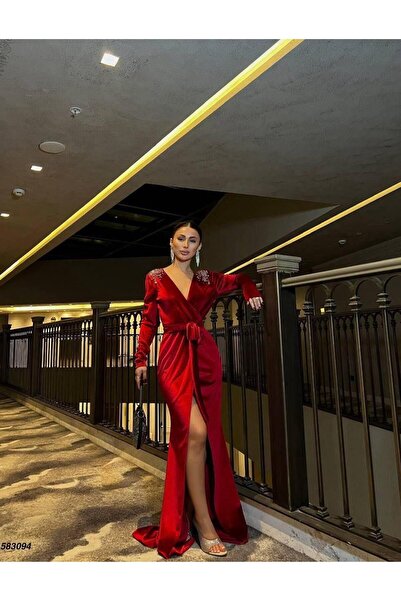 Modafeminen Flexible Velvet Fabric Double Breasted Collar Shoulder Stone Embellished Belt Detailed Evening Dress 583094 Red